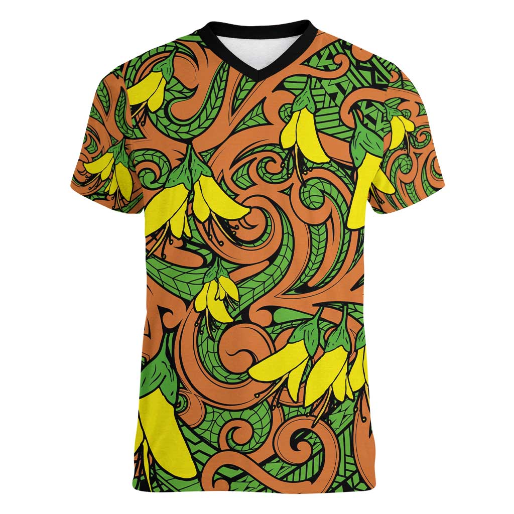New Zealand Kowhai Flowers Women V-Neck T-Shirt Maori Koru Pattern LT03 Female Orange - Polynesian Pride