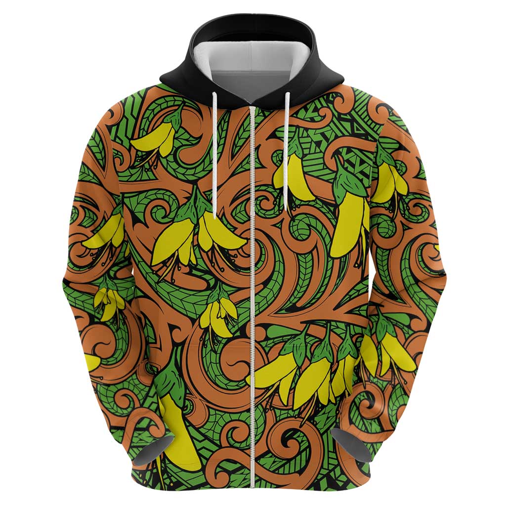 New Zealand Kowhai Flowers Zip Hoodie Maori Koru Pattern