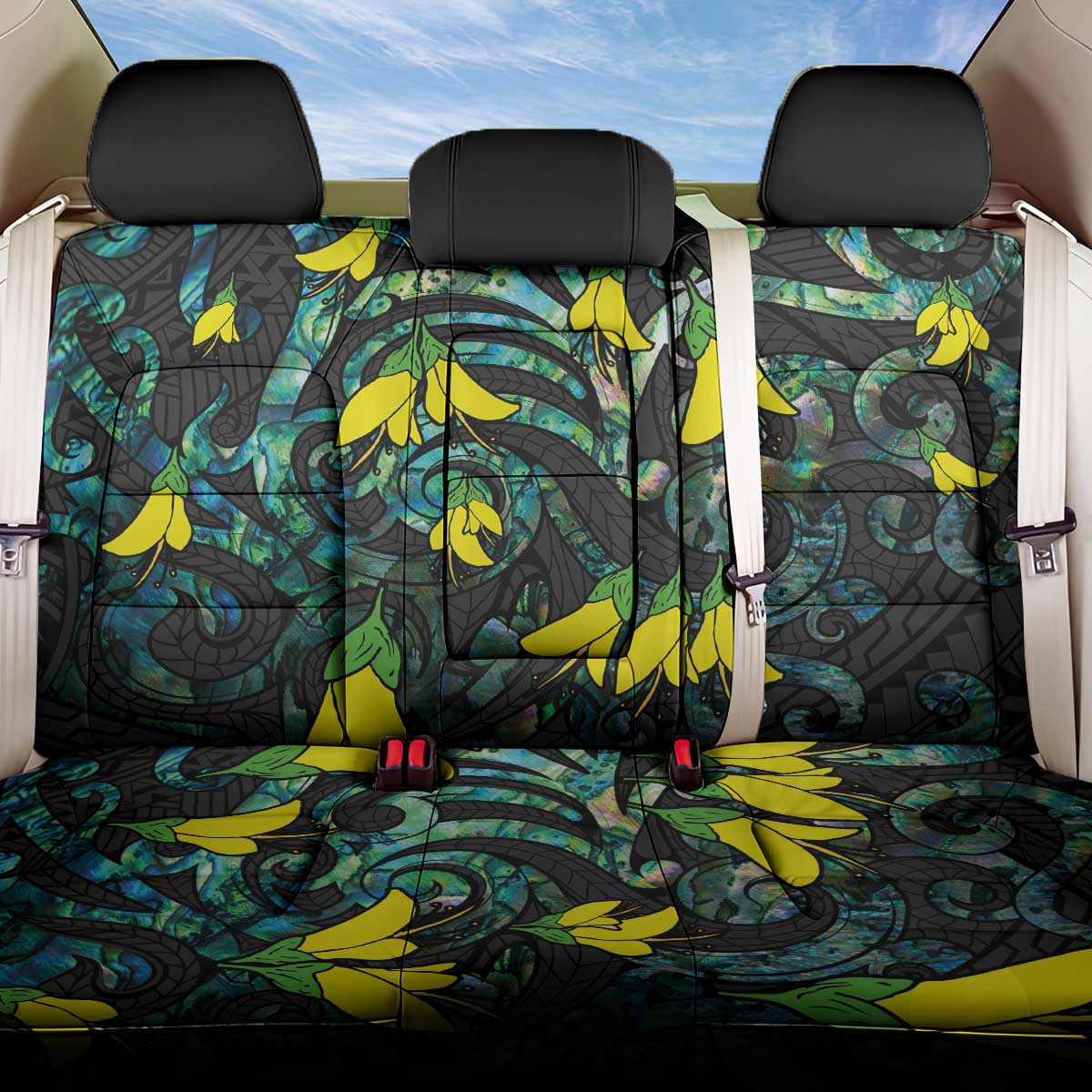 New Zealand Kowhai Flowers Back Car Seat Cover Maori Koru Pattern With Paua Shell Style