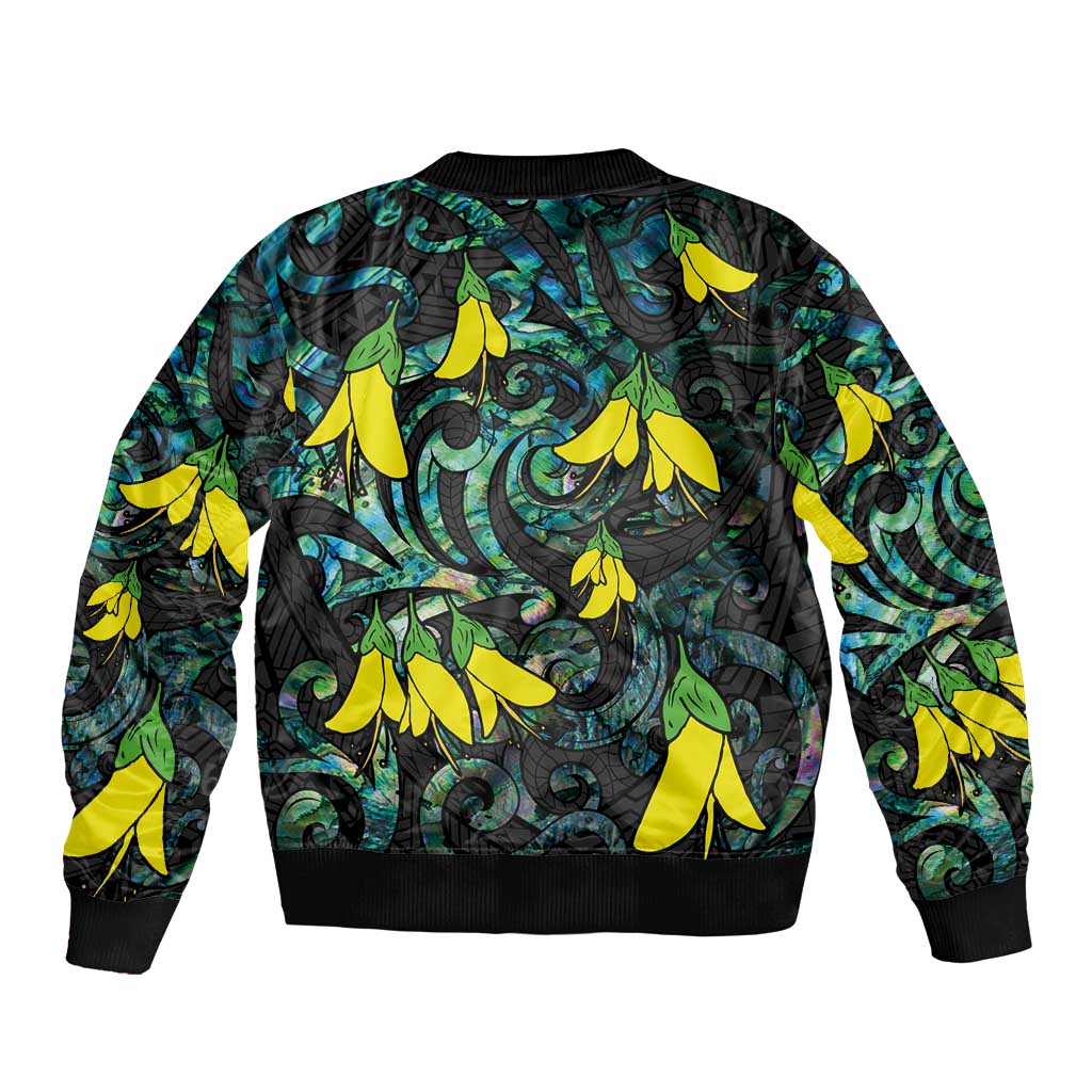 New Zealand Kowhai Flowers Bomber Jacket Maori Koru Pattern With Paua Shell Style