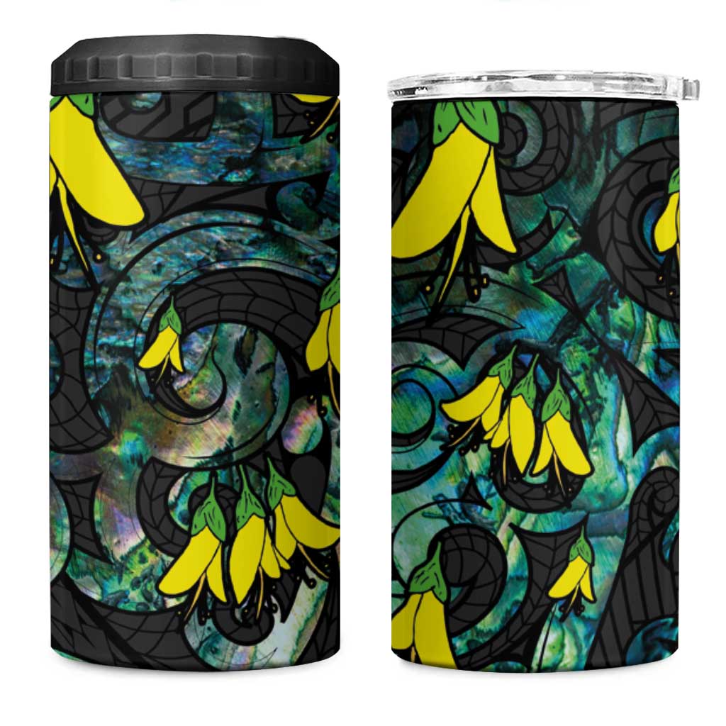 New Zealand Kowhai Flowers 4 in 1 Can Cooler Tumbler Maori Koru Pattern With Paua Shell Style LT03 One Size: 16 oz Black - Polynesian Pride