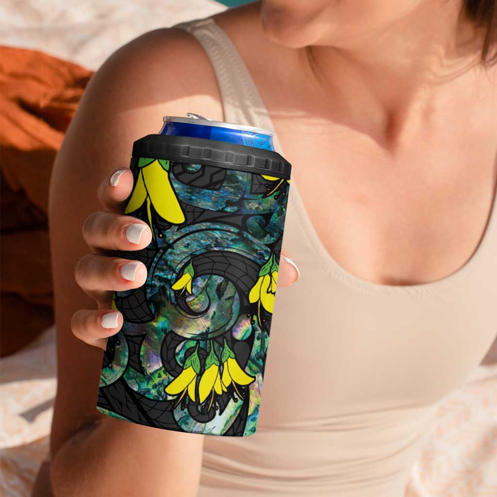 New Zealand Kowhai Flowers 4 in 1 Can Cooler Tumbler Maori Koru Pattern With Paua Shell Style LT03 - Polynesian Pride