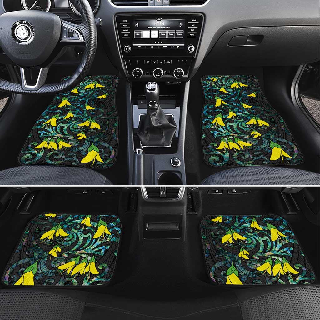 New Zealand Kowhai Flowers Car Mats Maori Koru Pattern With Paua Shell Style LT03 Set 4pcs Black - Polynesian Pride