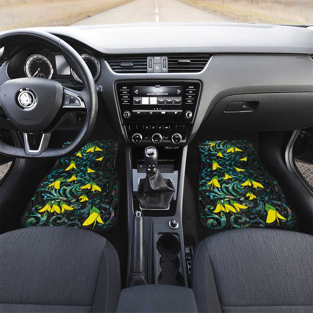 New Zealand Kowhai Flowers Car Mats Maori Koru Pattern With Paua Shell Style LT03 Set 2pcs - Front Black - Polynesian Pride