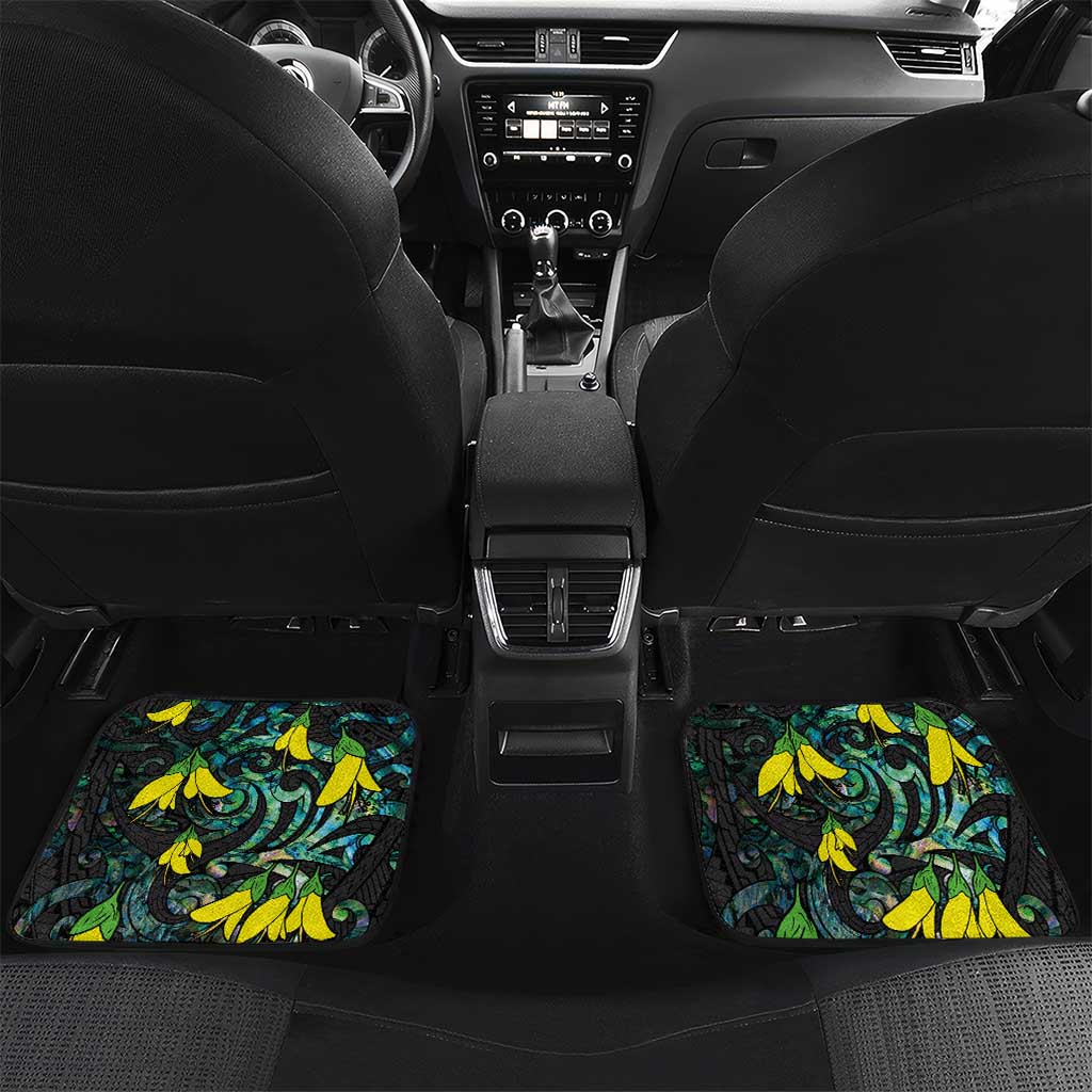 New Zealand Kowhai Flowers Car Mats Maori Koru Pattern With Paua Shell Style LT03 Set 2pcs - Back Black - Polynesian Pride