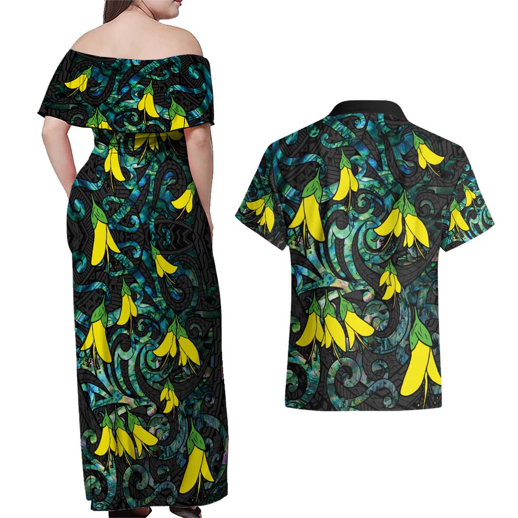 New Zealand Kowhai Flowers Couples Matching Off Shoulder Maxi Dress and Hawaiian Shirt Maori Koru Pattern With Paua Shell Style