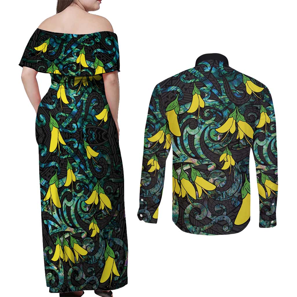 New Zealand Kowhai Flowers Couples Matching Off Shoulder Maxi Dress and Long Sleeve Button Shirt Maori Koru Pattern With Paua Shell Style LT03 - Polynesian Pride