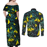 New Zealand Kowhai Flowers Couples Matching Off Shoulder Maxi Dress and Long Sleeve Button Shirt Maori Koru Pattern With Paua Shell Style LT03 - Polynesian Pride