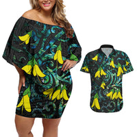New Zealand Kowhai Flowers Couples Matching Off Shoulder Short Dress and Hawaiian Shirt Maori Koru Pattern With Paua Shell Style LT03 Black - Polynesian Pride