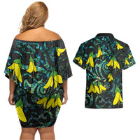 New Zealand Kowhai Flowers Couples Matching Off Shoulder Short Dress and Hawaiian Shirt Maori Koru Pattern With Paua Shell Style LT03 - Polynesian Pride