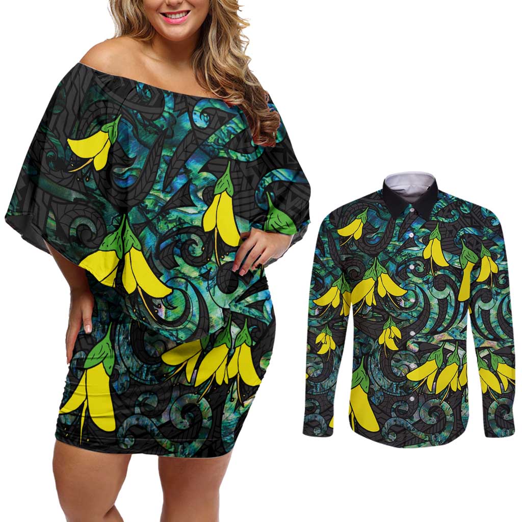 New Zealand Kowhai Flowers Couples Matching Off Shoulder Short Dress and Long Sleeve Button Shirt Maori Koru Pattern With Paua Shell Style LT03 Black - Polynesian Pride