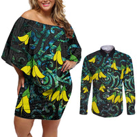 New Zealand Kowhai Flowers Couples Matching Off Shoulder Short Dress and Long Sleeve Button Shirt Maori Koru Pattern With Paua Shell Style LT03 Black - Polynesian Pride