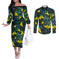 New Zealand Kowhai Flowers Couples Matching Off The Shoulder Long Sleeve Dress and Long Sleeve Button Shirt Maori Koru Pattern With Paua Shell Style LT03 Black - Polynesian Pride