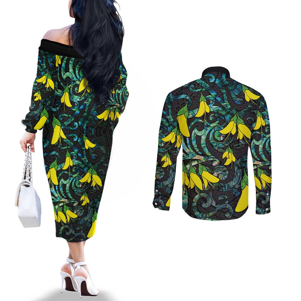 New Zealand Kowhai Flowers Couples Matching Off The Shoulder Long Sleeve Dress and Long Sleeve Button Shirt Maori Koru Pattern With Paua Shell Style LT03 - Polynesian Pride
