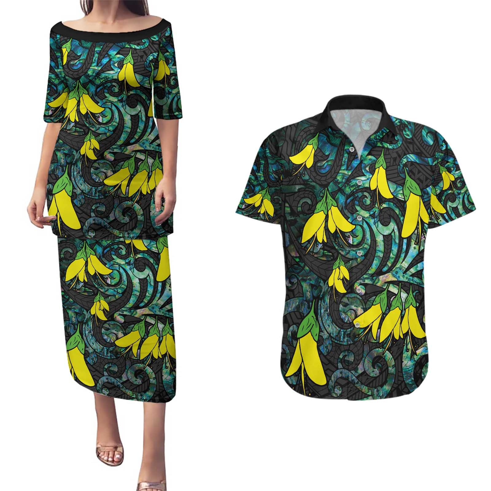 New Zealand Kowhai Flowers Couples Matching Puletasi and Hawaiian Shirt Maori Koru Pattern With Paua Shell Style