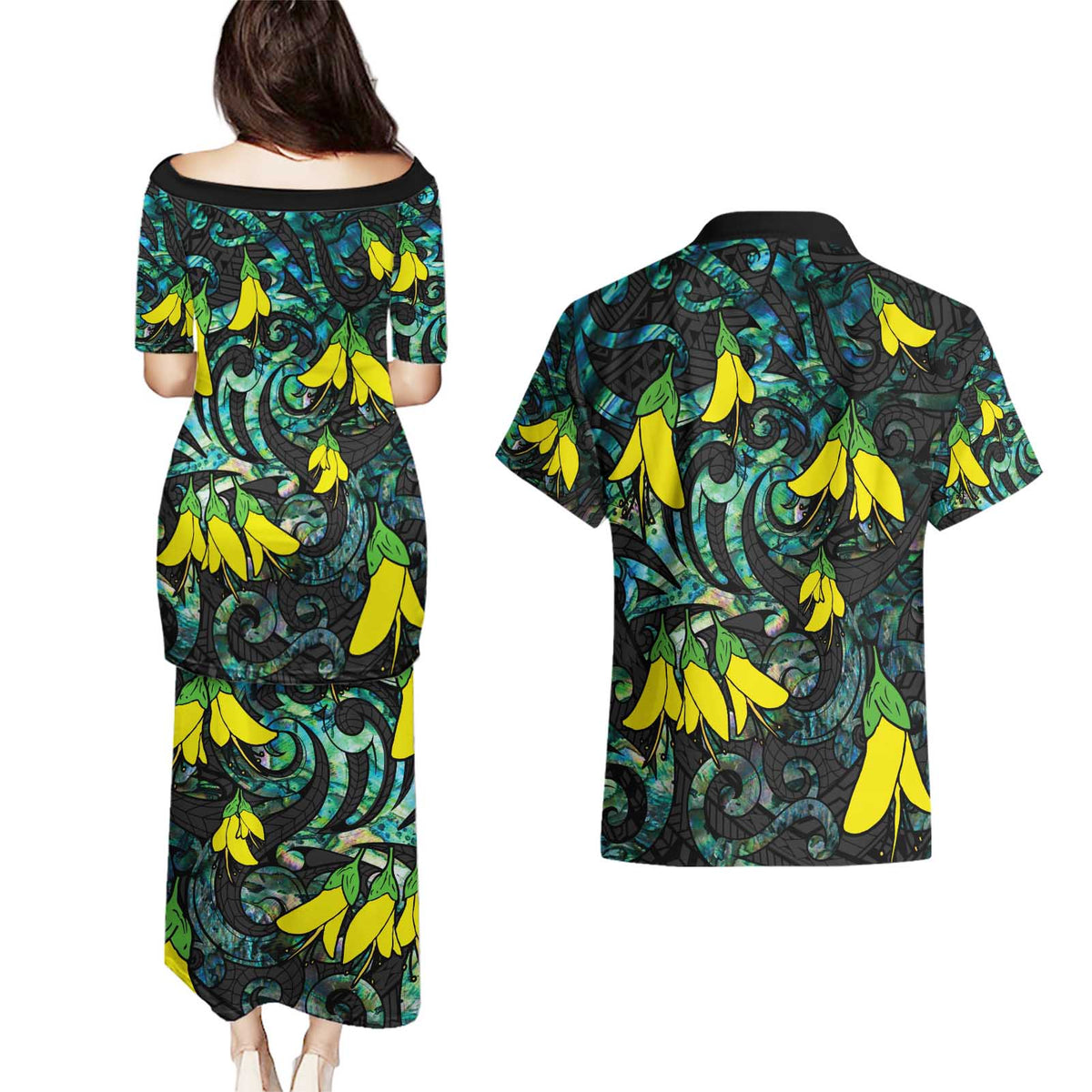 New Zealand Kowhai Flowers Couples Matching Puletasi and Hawaiian Shirt Maori Koru Pattern With Paua Shell Style LT03 - Polynesian Pride