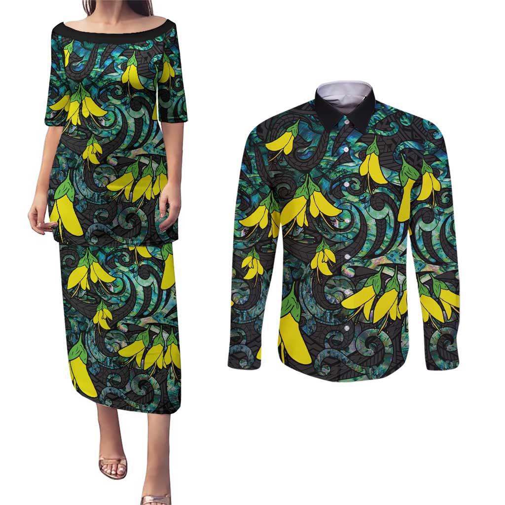 New Zealand Kowhai Flowers Couples Matching Puletasi and Long Sleeve Button Shirt Maori Koru Pattern With Paua Shell Style