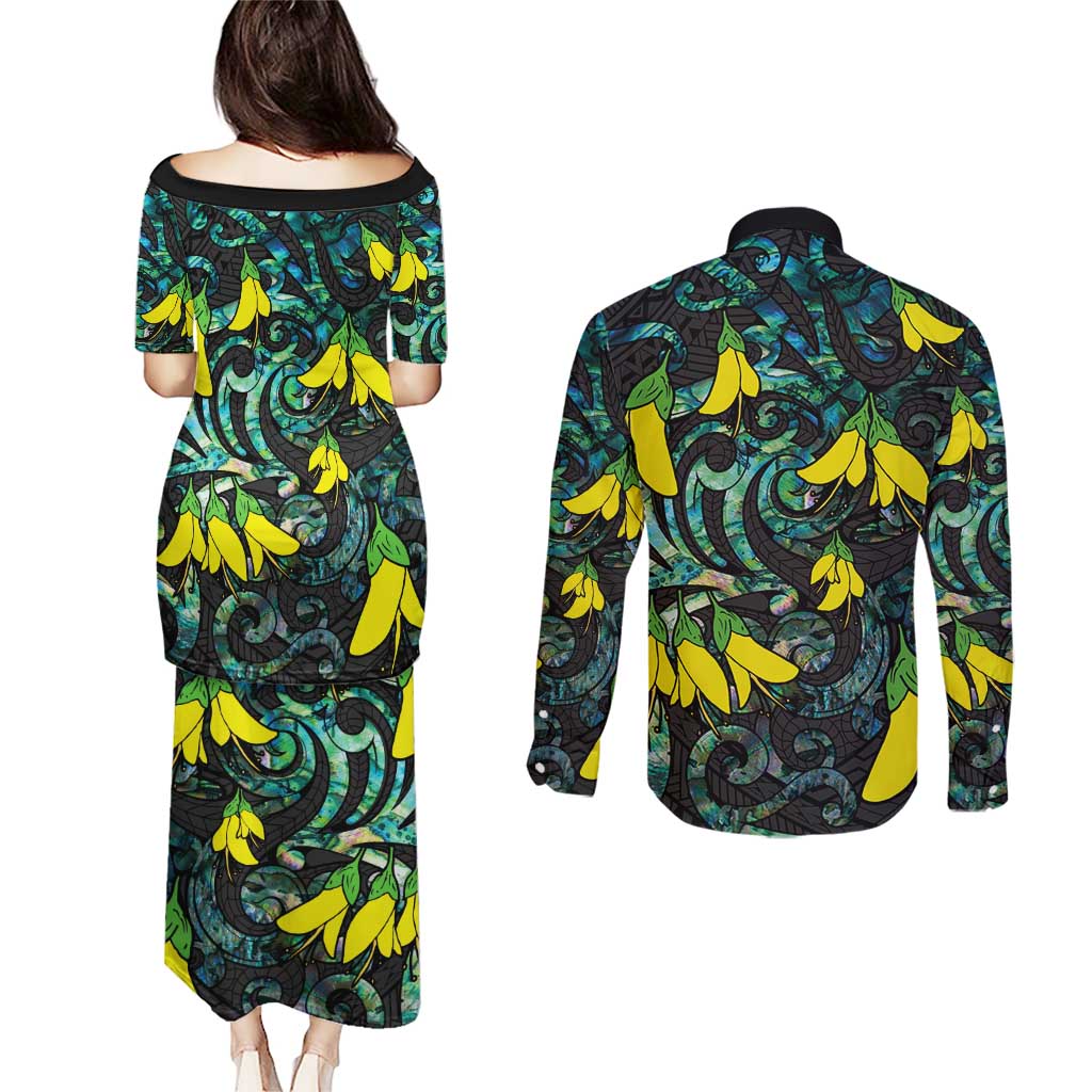 New Zealand Kowhai Flowers Couples Matching Puletasi and Long Sleeve Button Shirt Maori Koru Pattern With Paua Shell Style LT03 - Polynesian Pride