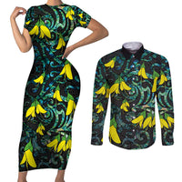 New Zealand Kowhai Flowers Couples Matching Short Sleeve Bodycon Dress and Long Sleeve Button Shirt Maori Koru Pattern With Paua Shell Style LT03 Black - Polynesian Pride