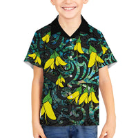 New Zealand Kowhai Flowers Family Matching Off The Shoulder Long Sleeve Dress and Hawaiian Shirt Maori Koru Pattern With Paua Shell Style