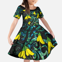 New Zealand Kowhai Flowers Family Matching Off Shoulder Maxi Dress and Hawaiian Shirt Maori Koru Pattern With Paua Shell Style LT03 Daughter's Dress Black - Polynesian Pride