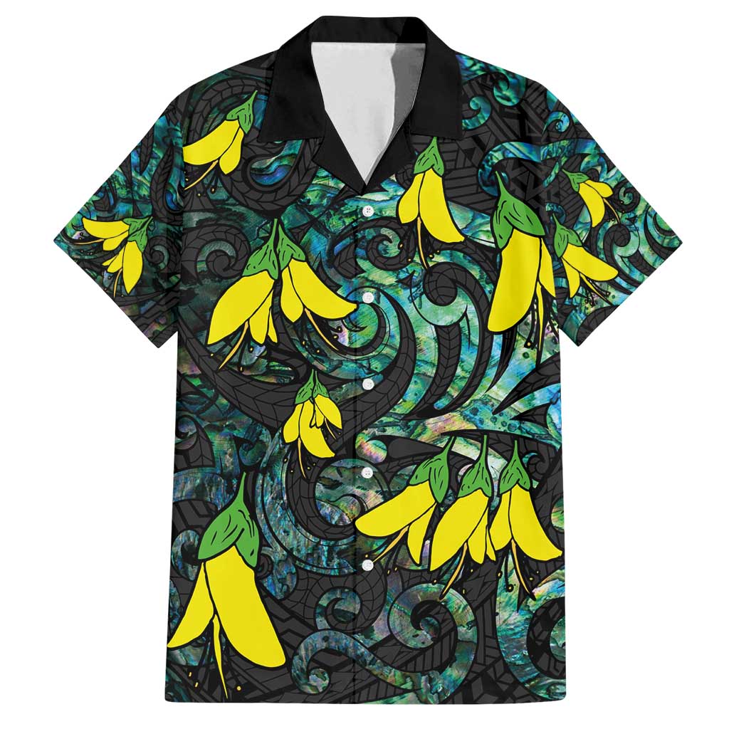 New Zealand Kowhai Flowers Family Matching Off Shoulder Maxi Dress and Hawaiian Shirt Maori Koru Pattern With Paua Shell Style LT03 Dad's Shirt - Short Sleeve Black - Polynesian Pride