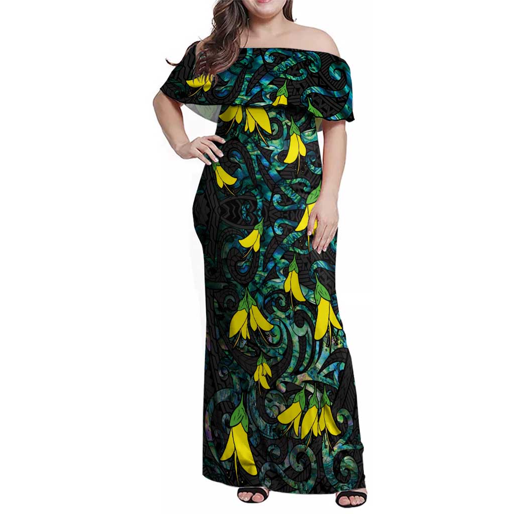 New Zealand Kowhai Flowers Family Matching Off Shoulder Maxi Dress and Hawaiian Shirt Maori Koru Pattern With Paua Shell Style LT03 Mom's Dress Black - Polynesian Pride