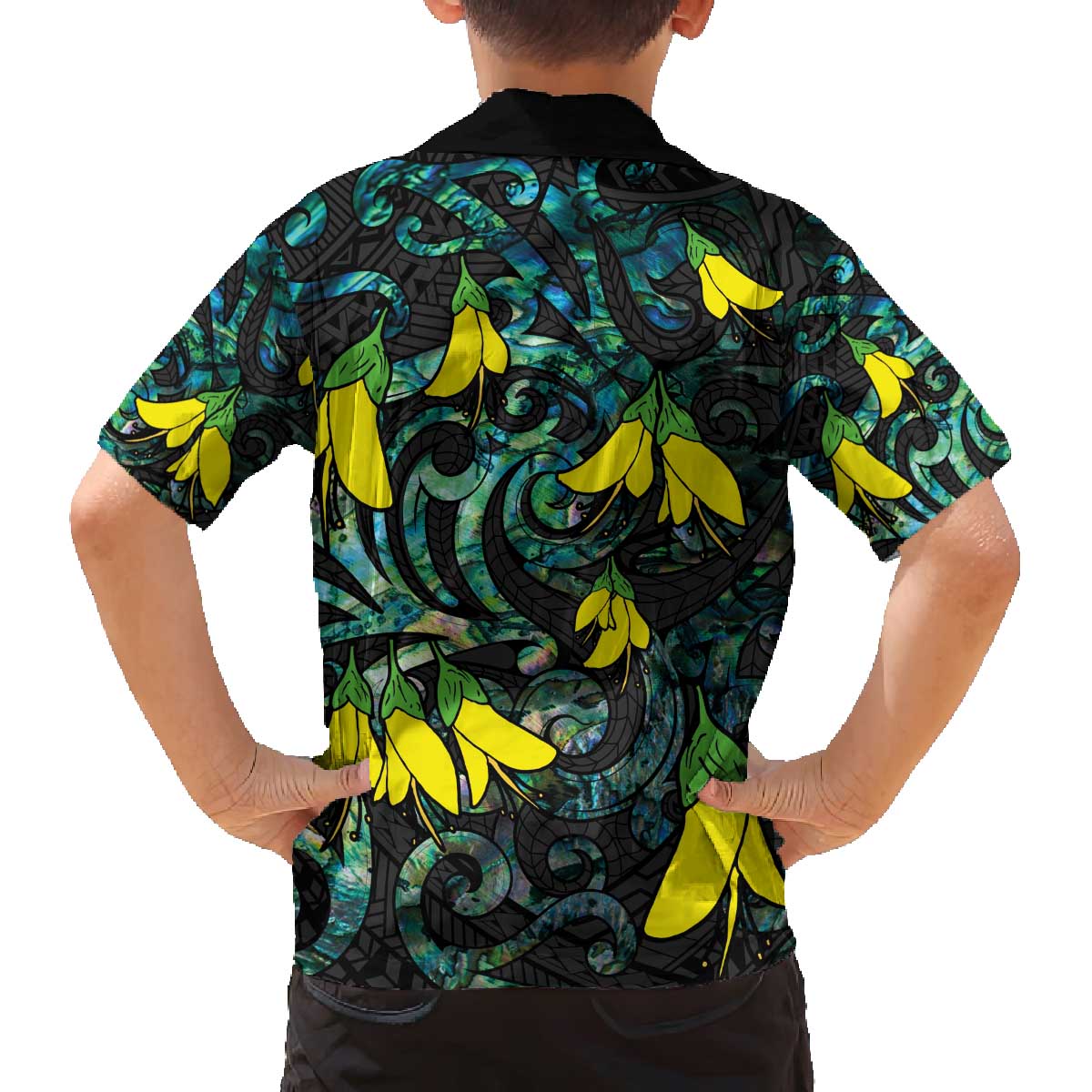 New Zealand Kowhai Flowers Family Matching Off Shoulder Short Dress and Hawaiian Shirt Maori Koru Pattern With Paua Shell Style LT03 - Polynesian Pride