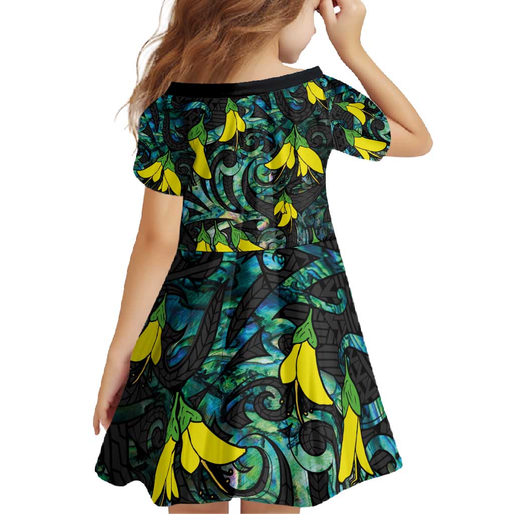 New Zealand Kowhai Flowers Family Matching Short Sleeve Bodycon Dress and Hawaiian Shirt Maori Koru Pattern With Paua Shell Style LT03 - Polynesian Pride