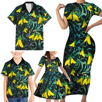 New Zealand Kowhai Flowers Family Matching Short Sleeve Bodycon Dress and Hawaiian Shirt Maori Koru Pattern With Paua Shell Style LT03 - Polynesian Pride