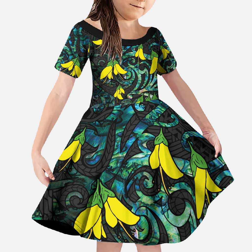 New Zealand Kowhai Flowers Family Matching Summer Maxi Dress and Hawaiian Shirt Maori Koru Pattern With Paua Shell Style LT03 Daughter's Dress Black - Polynesian Pride