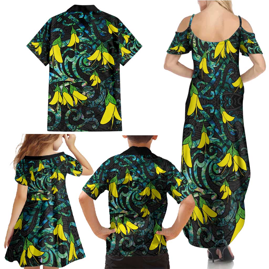 New Zealand Kowhai Flowers Family Matching Summer Maxi Dress and Hawaiian Shirt Maori Koru Pattern With Paua Shell Style LT03 - Polynesian Pride