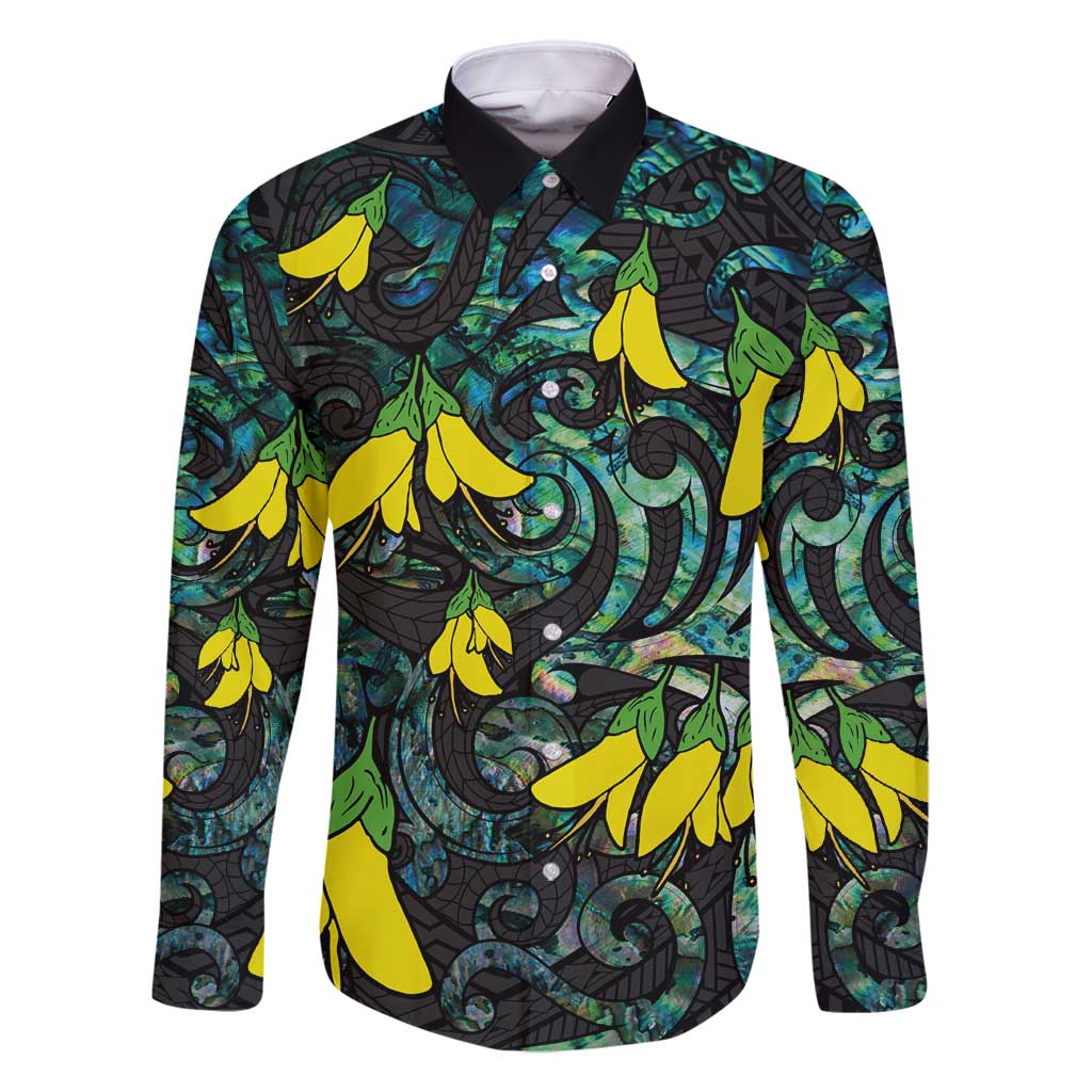 New Zealand Kowhai Flowers Family Matching Summer Maxi Dress and Hawaiian Shirt Maori Koru Pattern With Paua Shell Style LT03 Dad's Shirt - Long Sleeve Black - Polynesian Pride