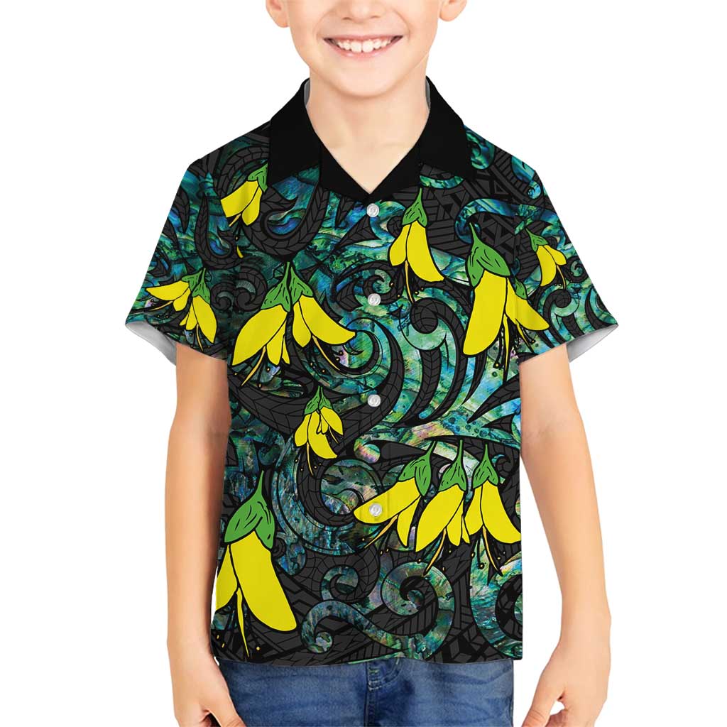 New Zealand Kowhai Flowers Family Matching Summer Maxi Dress and Hawaiian Shirt Maori Koru Pattern With Paua Shell Style LT03 Son's Shirt Black - Polynesian Pride