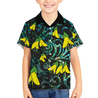 New Zealand Kowhai Flowers Family Matching Summer Maxi Dress and Hawaiian Shirt Maori Koru Pattern With Paua Shell Style LT03 Son's Shirt Black - Polynesian Pride