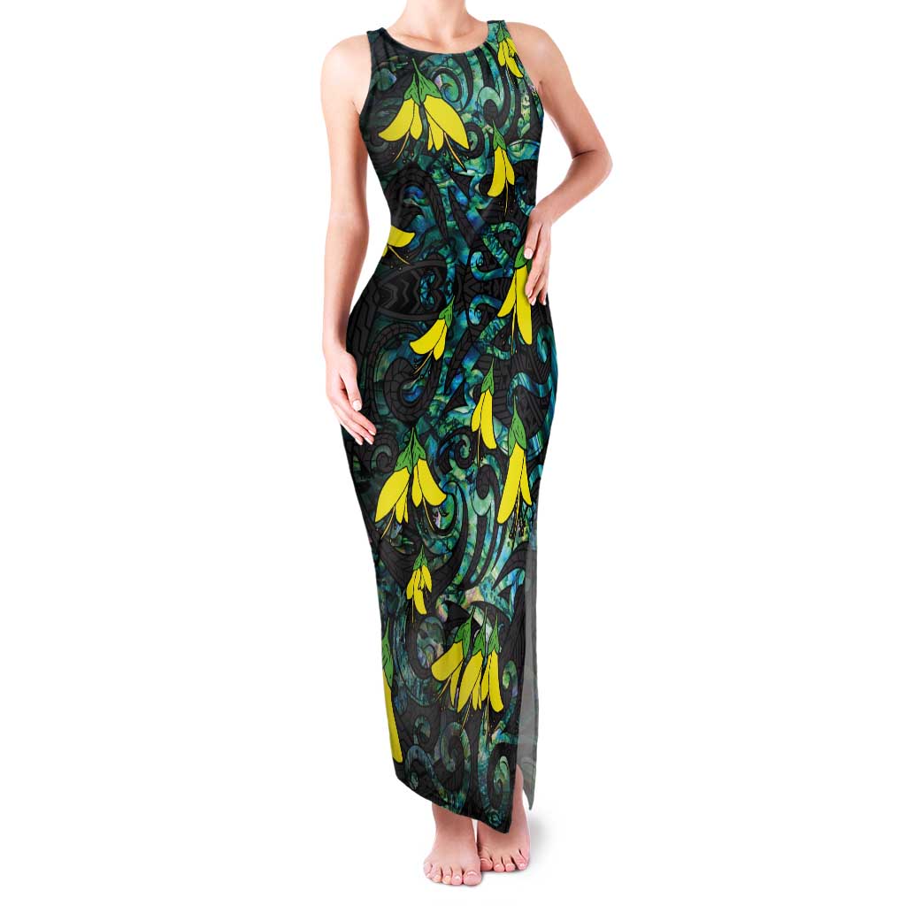 New Zealand Kowhai Flowers Family Matching Tank Maxi Dress and Hawaiian Shirt Maori Koru Pattern With Paua Shell Style LT03 Mom's Dress Black - Polynesian Pride