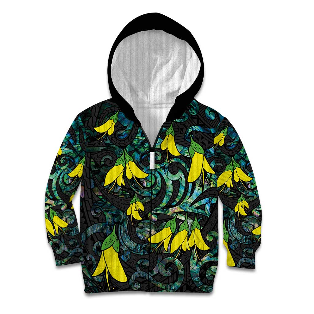 New Zealand Kowhai Flowers Kid Hoodie Maori Koru Pattern With Paua Shell Style