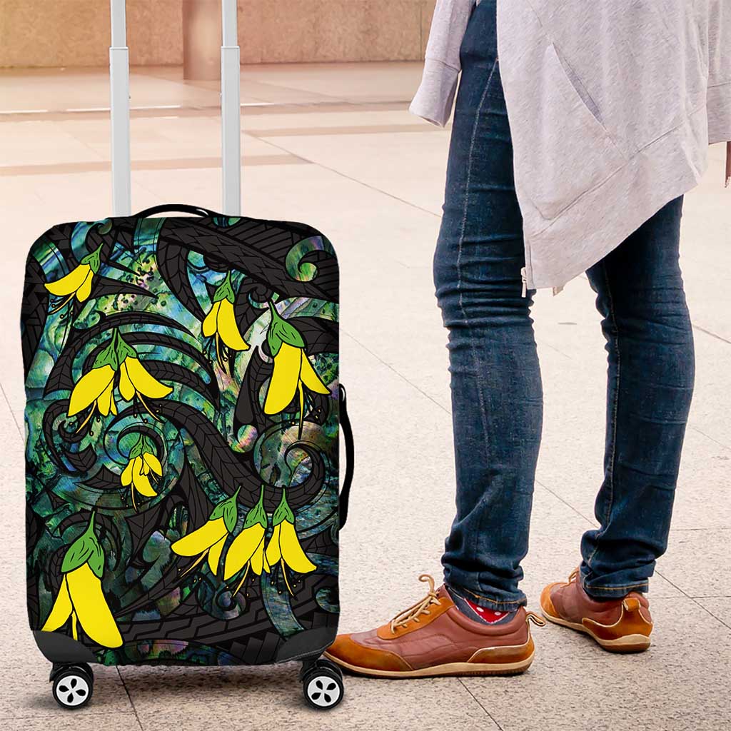 New Zealand Kowhai Flowers Luggage Cover Maori Koru Pattern With Paua Shell Style