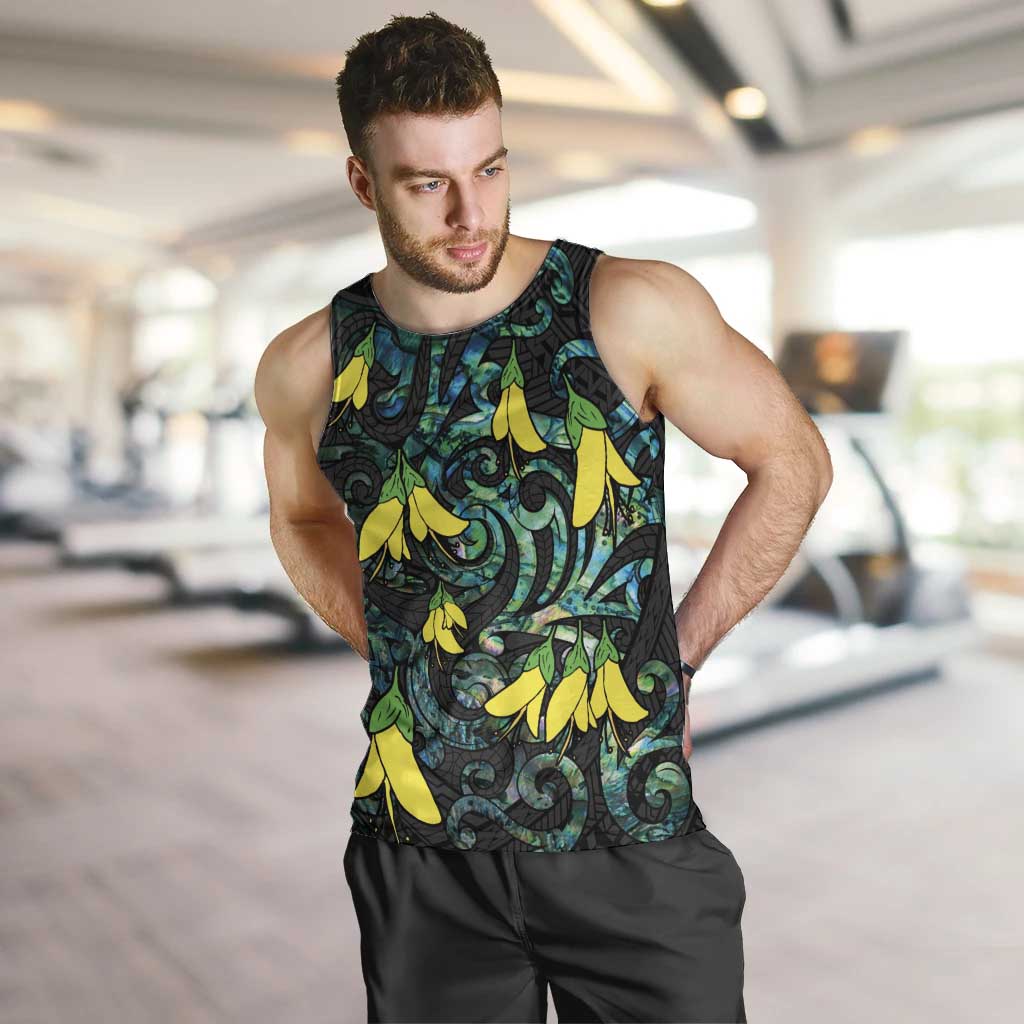 New Zealand Kowhai Flowers Men Tank Top Maori Koru Pattern With Paua Shell Style