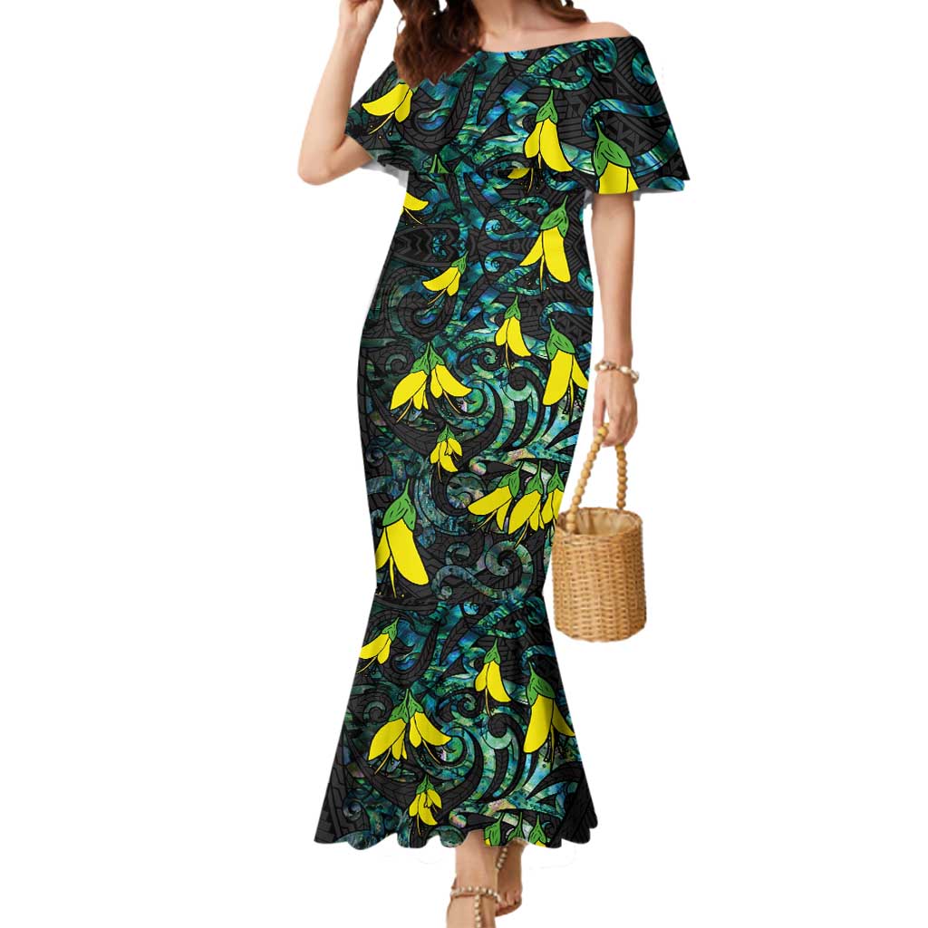 New Zealand Kowhai Flowers Mermaid Dress Maori Koru Pattern With Paua Shell Style