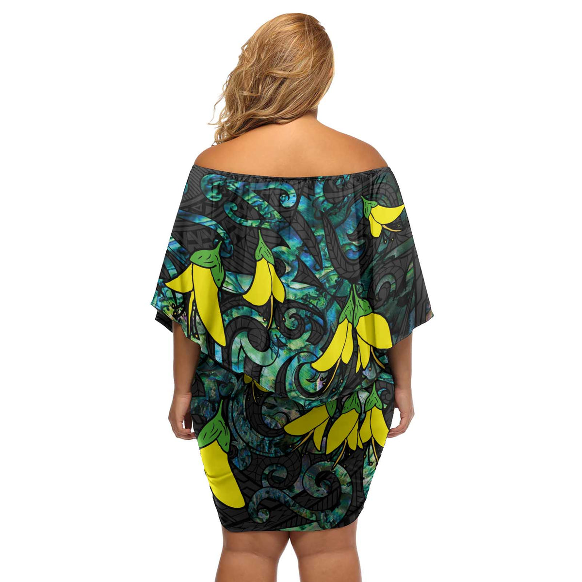 New Zealand Kowhai Flowers Off Shoulder Short Dress Maori Koru Pattern With Paua Shell Style