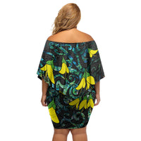 New Zealand Kowhai Flowers Off Shoulder Short Dress Maori Koru Pattern With Paua Shell Style