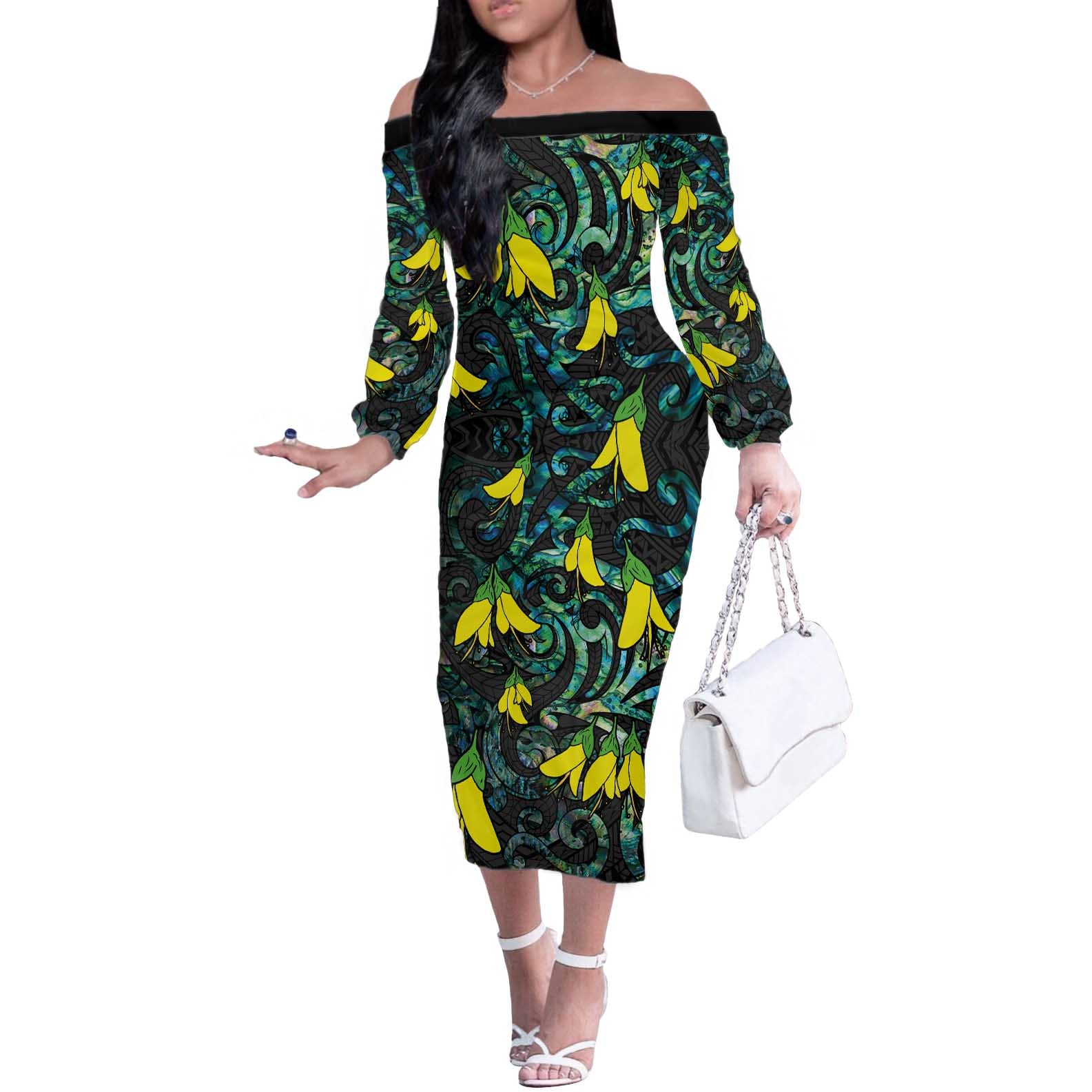 New Zealand Kowhai Flowers Off The Shoulder Long Sleeve Dress Maori Koru Pattern With Paua Shell Style