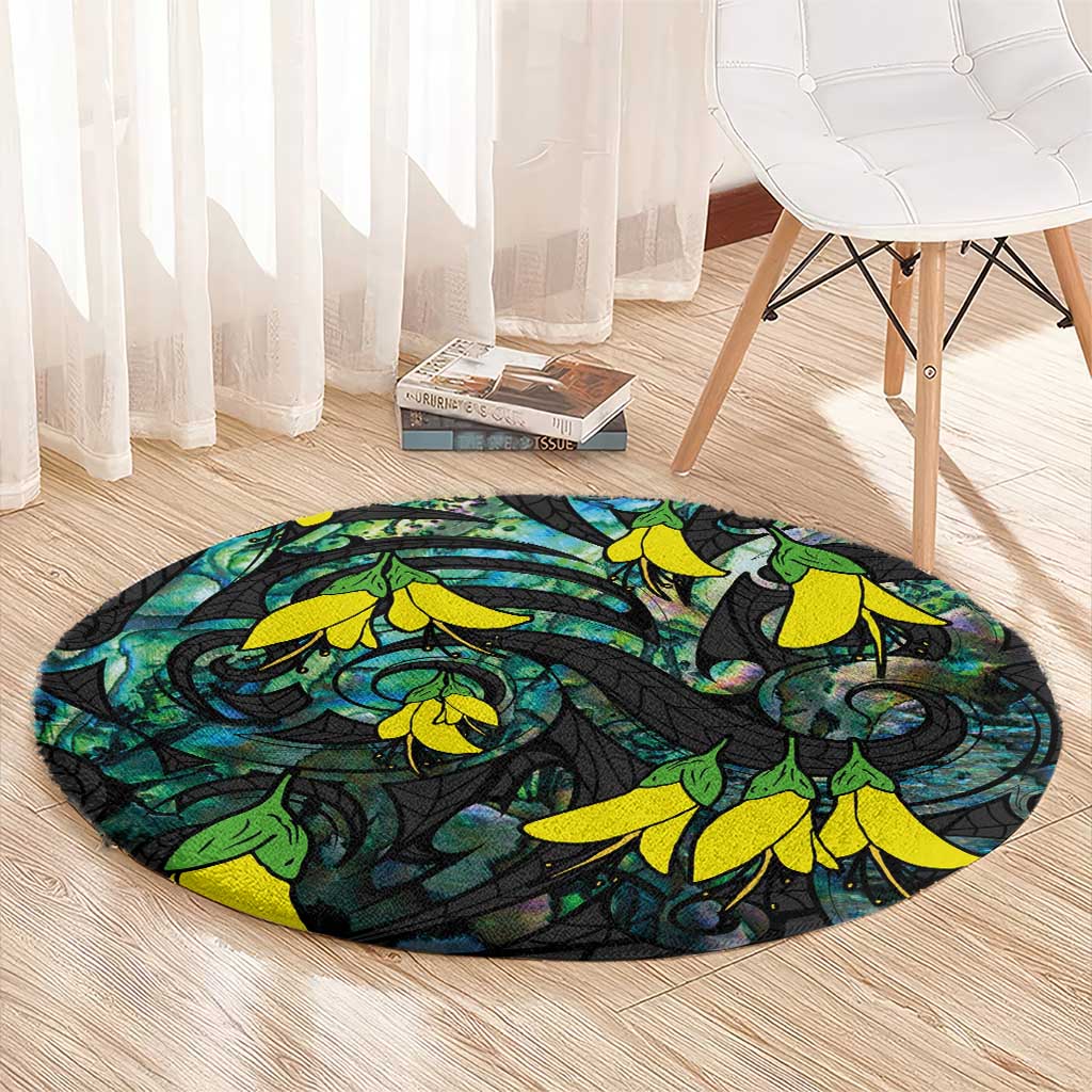 New Zealand Kowhai Flowers Round Carpet Maori Koru Pattern With Paua Shell Style