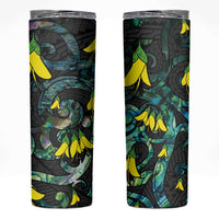 New Zealand Kowhai Flowers Skinny Tumbler Maori Koru Pattern With Paua Shell Style LT03 Black - Polynesian Pride