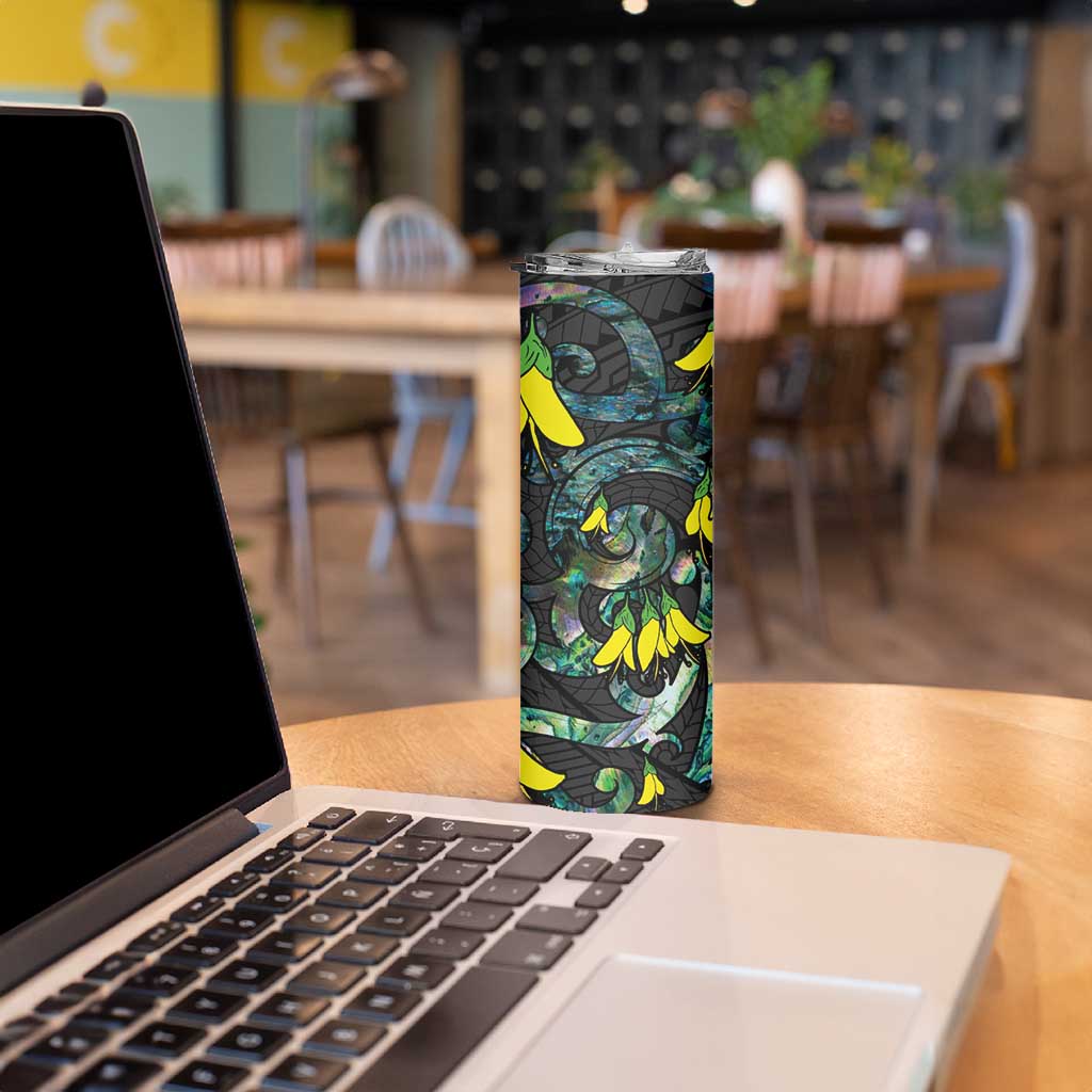 New Zealand Kowhai Flowers Skinny Tumbler Maori Koru Pattern With Paua Shell Style LT03 - Polynesian Pride