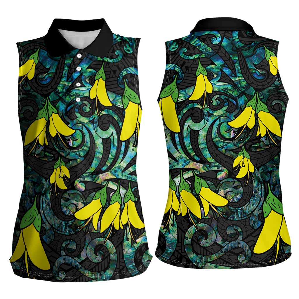 New Zealand Kowhai Flowers Women Sleeveless Polo Shirt Maori Koru Pattern With Paua Shell Style