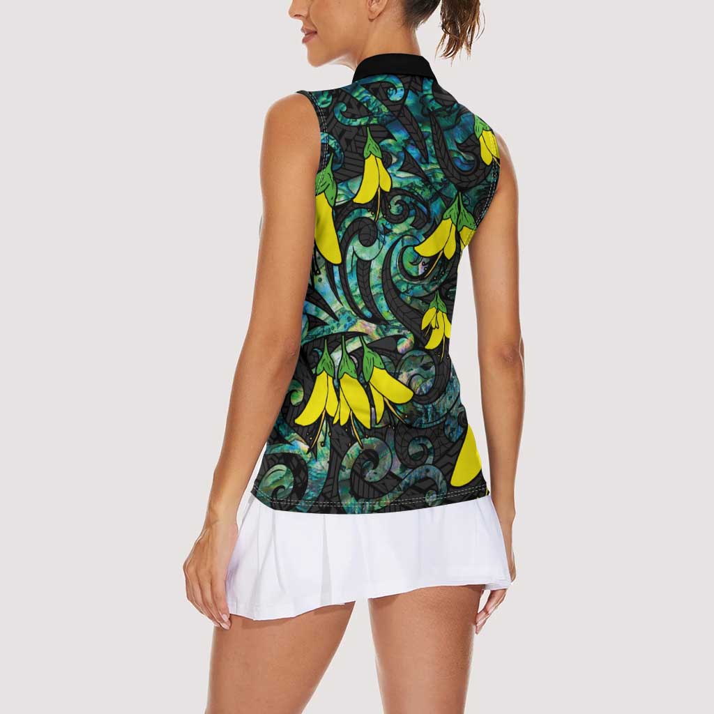 New Zealand Kowhai Flowers Women Sleeveless Polo Shirt Maori Koru Pattern With Paua Shell Style
