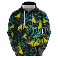 New Zealand Kowhai Flowers Zip Hoodie Maori Koru Pattern With Paua Shell Style
