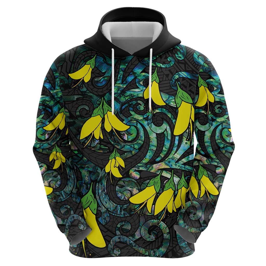 New Zealand Kowhai Flowers Zip Hoodie Maori Koru Pattern With Paua Shell Style